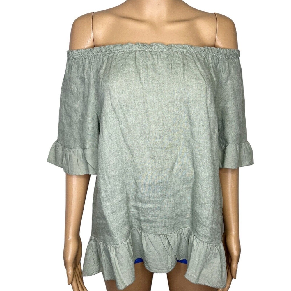 Terzo Millenno Made in Italy Mint Green 100% Linen Off The Shoulder Top Sz Small